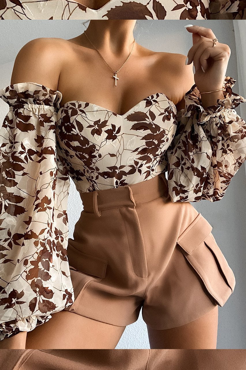 Chocolate Leaf Bodysuit | Beige & Brown - Fashion Flash Boutique